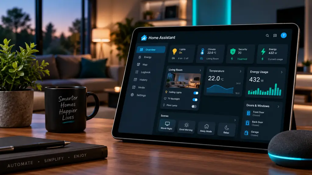 Home Assistant smart home dashboard showing lighting, climate, security and energy controls